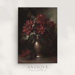 May include: A vintage painting of a bouquet of red poinsettia flowers in a brown ceramic vase. The flowers are arranged in a loose, natural style, and the vase is decorated with a simple, elegant design.