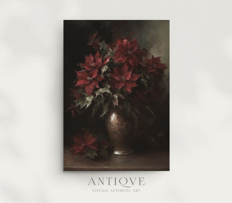 May include: A vintage painting of a bouquet of red poinsettia flowers in a brown ceramic vase. The flowers are arranged in a loose, natural style, and the vase is decorated with a simple, elegant design.