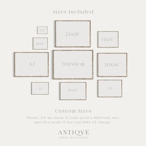 May include: A chart showing different sizes of prints available, including 7x5 inches, 10x8 inches, 14x11 inches, 24x18 inches, 20x16 inches, 18x12 inches, A2, A3, A4, and 70x50 centimeters. The text "Sizes Included" and "Custom Sizes" is also included in the image.