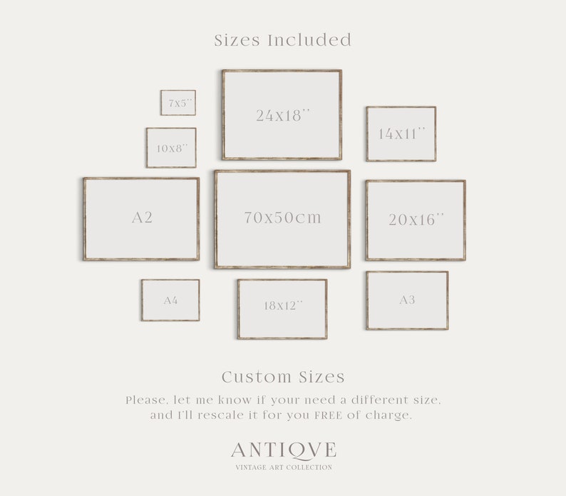 May include: A chart showing different sizes of prints available, including 7x5 inches, 10x8 inches, 14x11 inches, 24x18 inches, 20x16 inches, 18x12 inches, A2, A3, A4, and 70x50 centimeters. The text "Sizes Included" and "Custom Sizes" is also included in the image.
