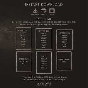 May include: A digital print size chart with text that reads "INSTANT DOWNLOAD" and "SIZE CHART". The chart lists various print sizes in inches, including 24x36, 20x30, and 16x24, suitable for printing.