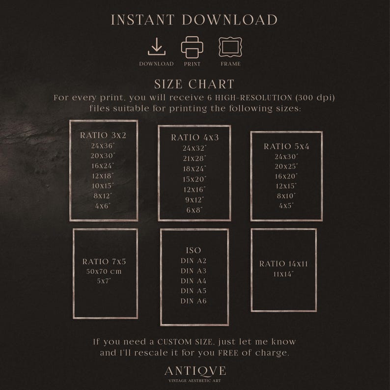 May include: A digital print size chart with text that reads "INSTANT DOWNLOAD" and "SIZE CHART". The chart lists various print sizes in inches, including 24x36, 20x30, and 16x24, suitable for printing.