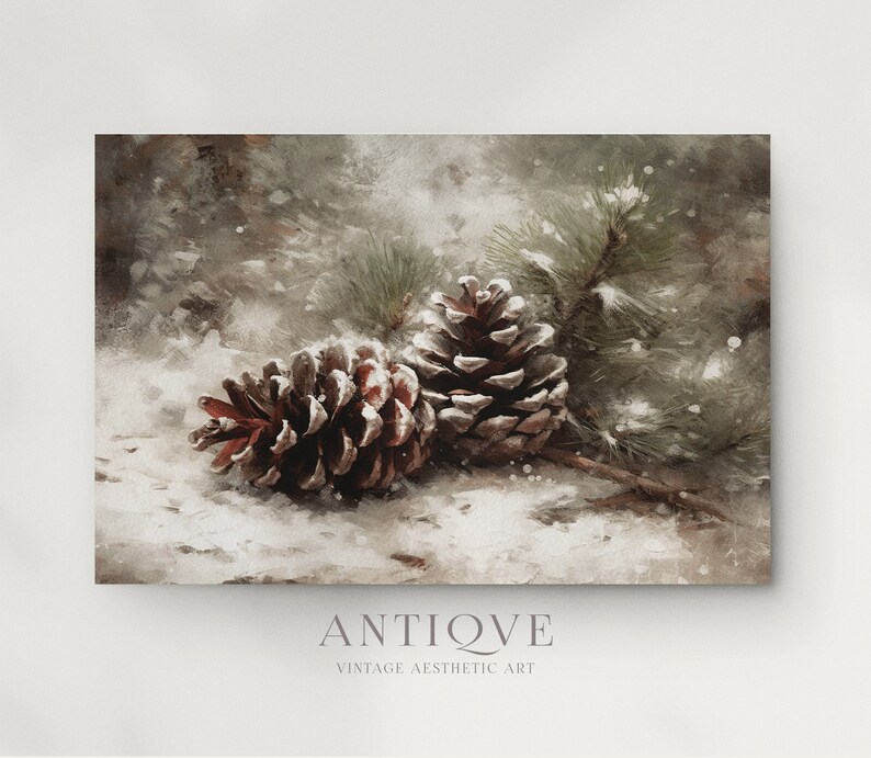 May include: Two pine cones covered in snow, resting on a snowy surface with a pine branch in the background. The pine cones are brown with a reddish hue and have a textured surface.