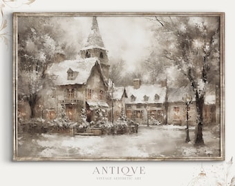 May include: A watercolor painting of a snowy village scene with a church steeple in the center. The buildings are painted in shades of gray and brown, and the snow is white. The painting has a vintage aesthetic.