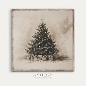 SQUARE Neutral Christmas Tree with Gifts Sketch | Monochrome Holiday Decor | Rustic Christmas Art | Digital Download | 2545_SQ
