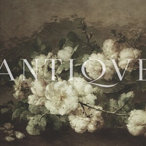 May include: A vintage painting of a bouquet of white roses with green leaves. The word "ANTIQUE" is written in white letters across the center of the painting.
