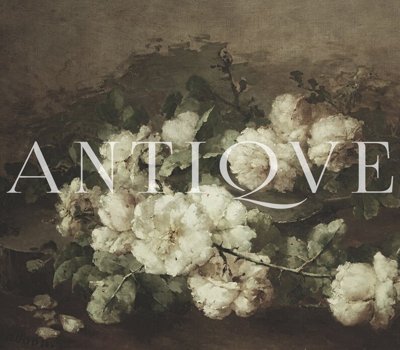 May include: A vintage painting of a bouquet of white roses with green leaves. The word "ANTIQUE" is written in white letters across the center of the painting.