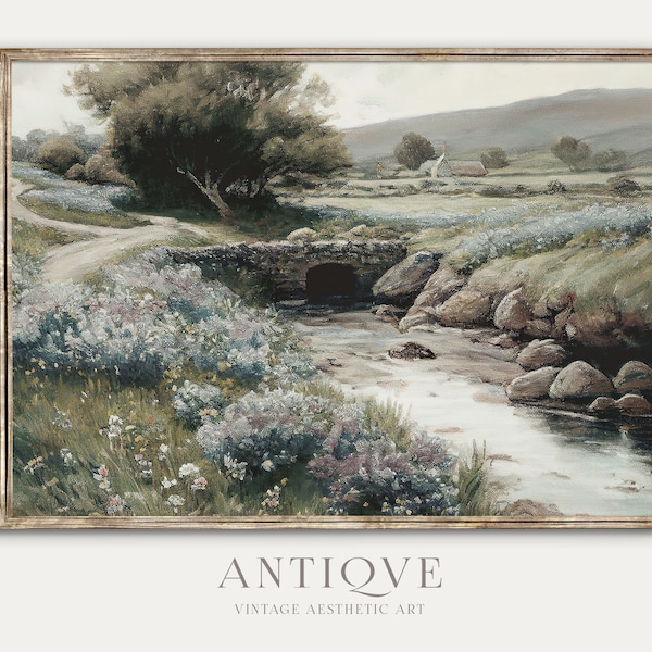 Irish Landscape Painting | Stream with Flowers | Ireland Home Decor | Elegant St Patrick's Day | Gallery Wall | Digital Download | 671