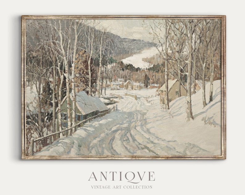 May include: A vintage oil painting depicting a snowy winter scene with a winding road leading through a forest of bare trees to a small village in the distance. The houses are covered in snow and the sky is a pale blue.