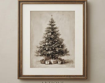 Kerstboom met cadeaus | Vintage vakantiedecor | Neutrale kerstmuurkunst | 3014_V