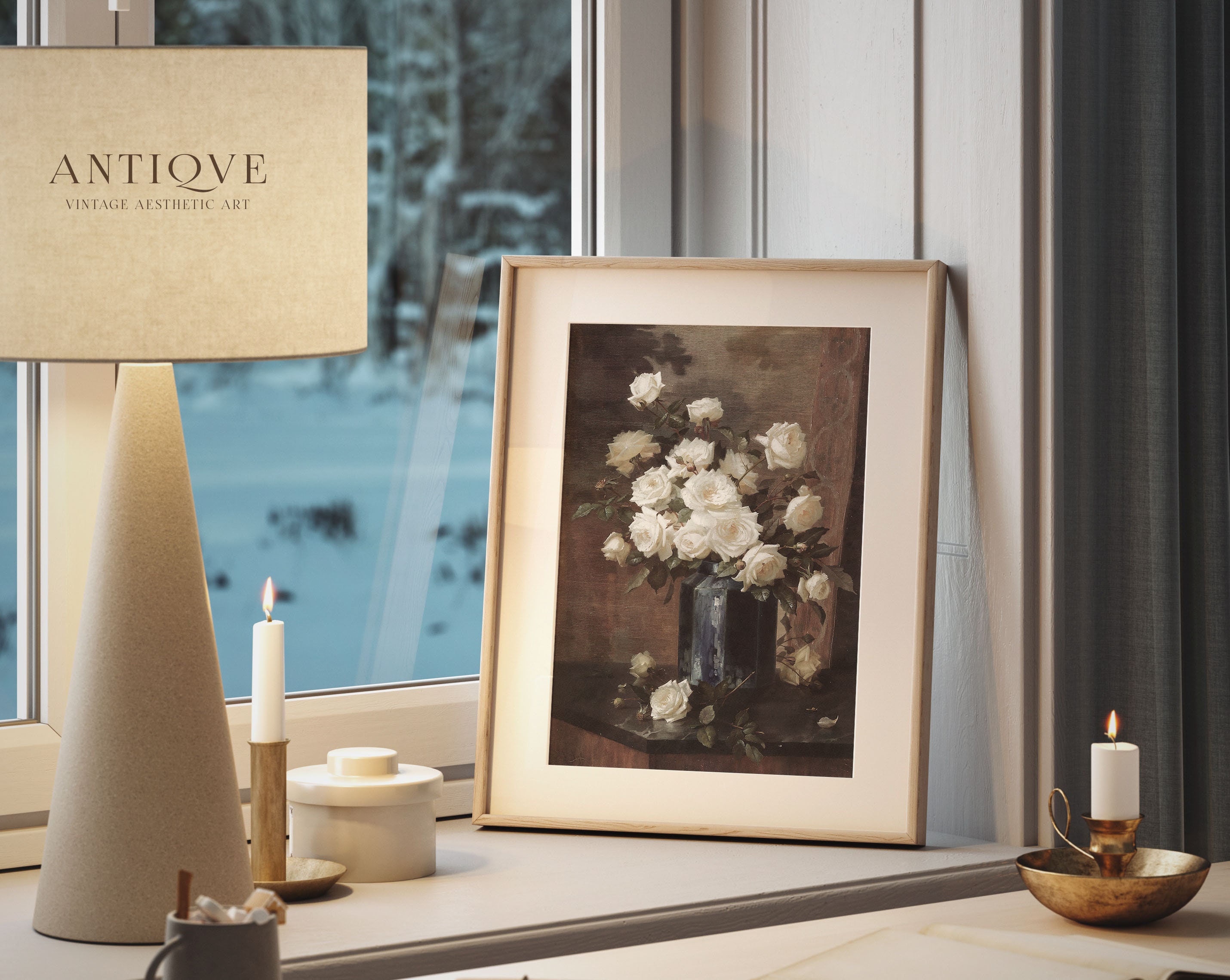 Moody Vintage Still Life | White Roses in Dark Blue Vase Oil Painting ...