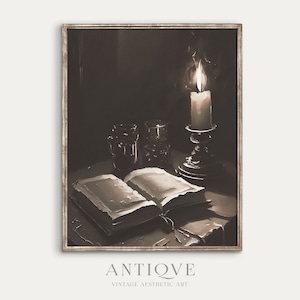 Dark Moody Victorian Book Candlelight | Still Life Oil Painting | Dark Academia Decor | Vintage Printable Wall Art | Digital Download | 761