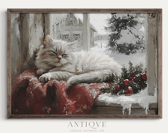 Winter White Cat Print | Christmas Kitten Art | Cozy Rustic Print | Farmhouse | Digital Download | 2013_H