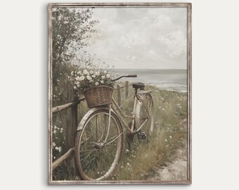Bicycle with Flower Basket | Bike by the Sea | Summer Printable | Muted Colors Wall Art | Digital Download | 2780_V