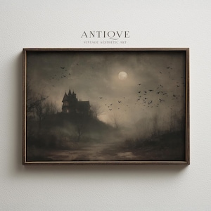 Impresión de castillo encantado con murciélagos / Impresión gótica rústica de Halloween / Decoración de noche encantada / 2870_H