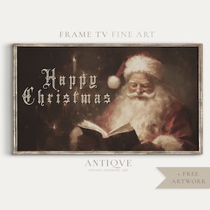 May include: A vintage-style painting of Santa Claus reading a book with the words "Happy Christmas" in a decorative font. The painting has a dark background with a warm, golden glow.