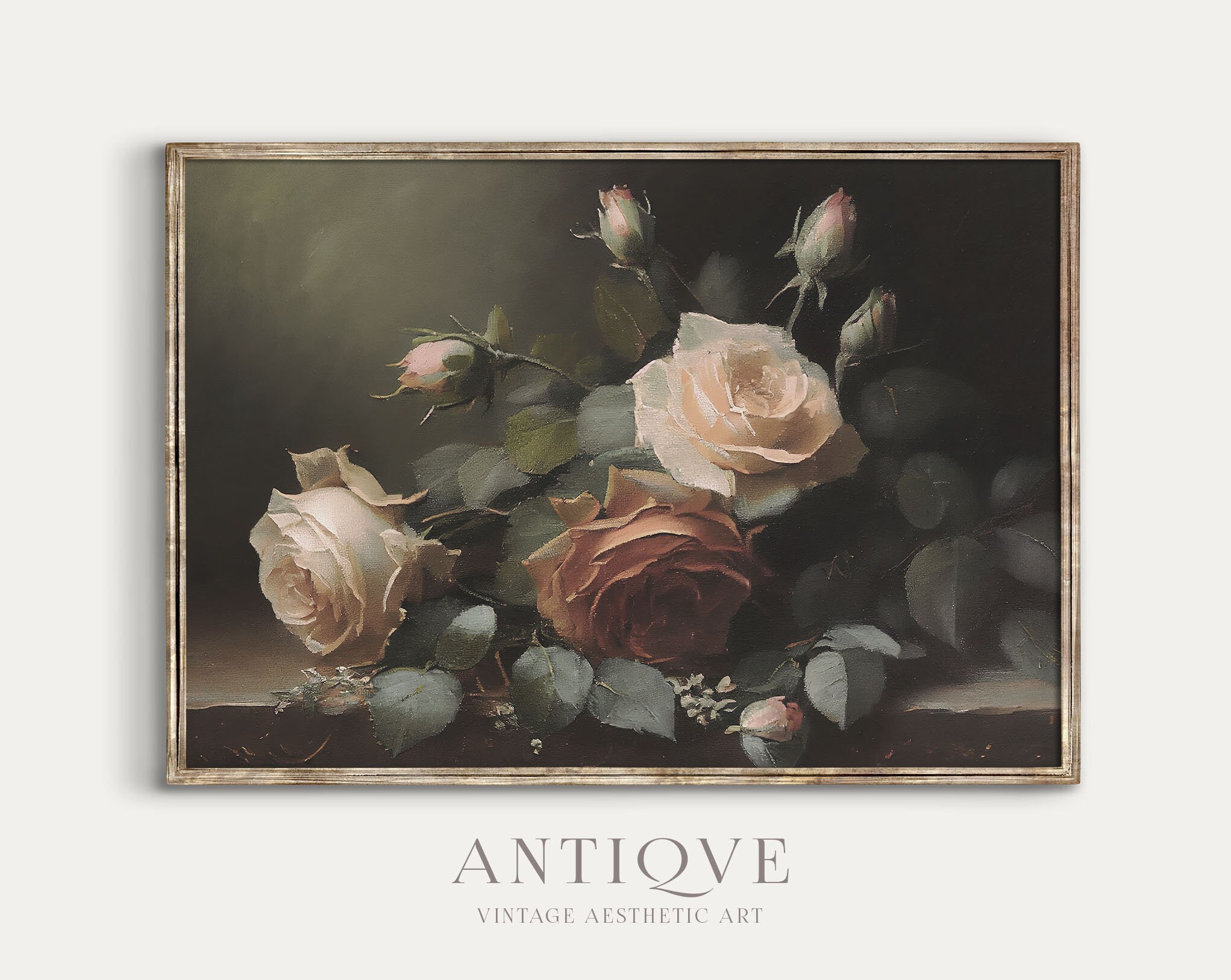 Moody Roses Still Life Oil Painting | Antique Floral Printable Wall Art ...