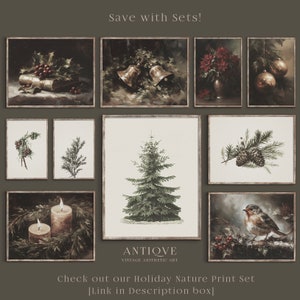 May include: A set of 10 vintage-style holiday nature prints. The prints feature illustrations of pine cones, holly, birds, candles, bells, and a Christmas tree. The prints are framed in a simple, rustic style. The text "ANTIQVE VINTAGE AESTHETIC ART" is at the bottom of the image. The text "Check out our Holiday Nature Print Set [Link in Description box]" is at the bottom of the image.