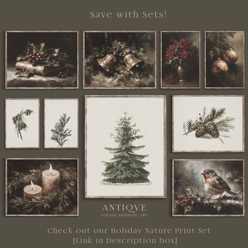 May include: A set of 10 vintage-style holiday nature prints. The prints feature illustrations of pine cones, holly, birds, candles, bells, and a Christmas tree. The prints are framed in a simple, rustic style. The text "ANTIQVE VINTAGE AESTHETIC ART" is at the bottom of the image. The text "Check out our Holiday Nature Print Set [Link in Description box]" is at the bottom of the image.