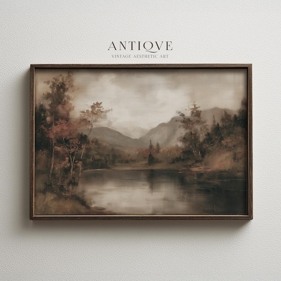Vintage Autumn Landscape | Rustic Mountain Lake Wall Art | Moody Cottagecore Print | 2884_H