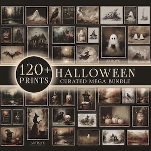 May include: A collection of 120+ Halloween prints, featuring vintage-style illustrations of ghosts, witches, haunted houses, and pumpkins. The prints are in a dark, sepia-toned color palette, creating a spooky and atmospheric aesthetic. The text reads "Halloween Curated Mega Bundle."