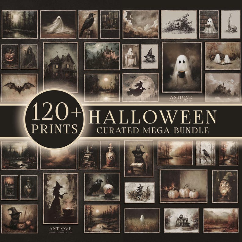 May include: A collection of 120+ Halloween prints, featuring vintage-style illustrations of ghosts, witches, haunted houses, and pumpkins. The prints are in a dark, sepia-toned color palette, creating a spooky and atmospheric aesthetic. The text reads "Halloween Curated Mega Bundle."