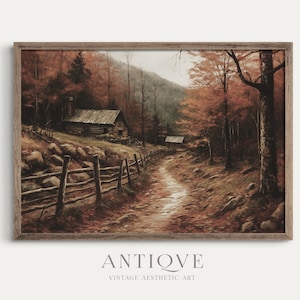 Holzhütte in Herbst Woodlands Druck | Herbstliche Landschaftsmalerei | Rustikaler Herbst Dekor | Digitaler Download | 957