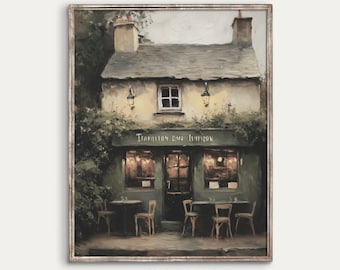 May include: A painting of a quaint, green-trimmed building with a sign that reads "The Hamilton Inn." The building has a slate roof and is surrounded by lush greenery. There are tables and chairs set up outside, suggesting a cozy outdoor dining area.