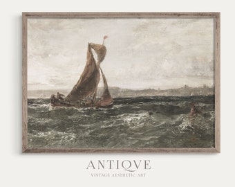 Neutral Seascape with Boat | Vintage Ireland Home Decor | Digital Download | Vintage Irish Seascape | 843