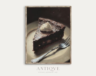 Moody Chocolate Cake and Cream Still Art Painting | Vintage Kitchen Printable Art | Breakfast Nook Decor | Digital Download | 638