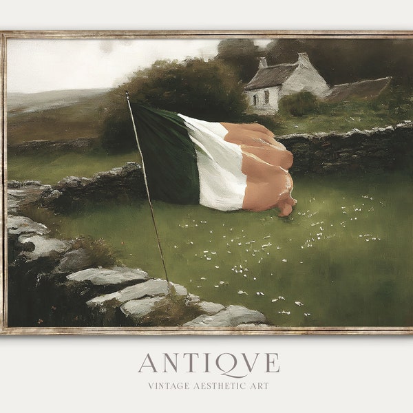 Irish Flag in a Field with Stone Walls | Ireland Home Decor | Elegant Irish Printable Landscape | Digital Download | 672