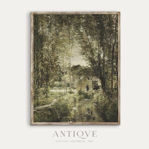 Vintage French Country Summer Oil Painting | Willow on Water Stream River | Spring Bedroom Art Print | Printable Digital Download | 721