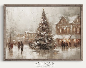 May include: A painting of a snowy town square with a large Christmas tree in the center. The buildings are decorated with lights and there are people walking around. The painting is done in a muted color palette with a vintage feel.