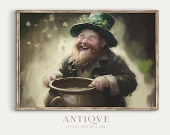 Ierse vintage kabouter met een pot met goud beschilderd | St. Patrick's Day-afdruk | Ierland Home afdrukbaar decor | Digitale download | 682