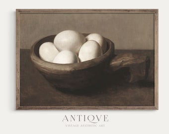 Vintage Still Life Oil Painting | Eggs in Wooden Bowl | Rustic Kitchen Art | Moody Farmhouse Decor | Digital Download | 788
