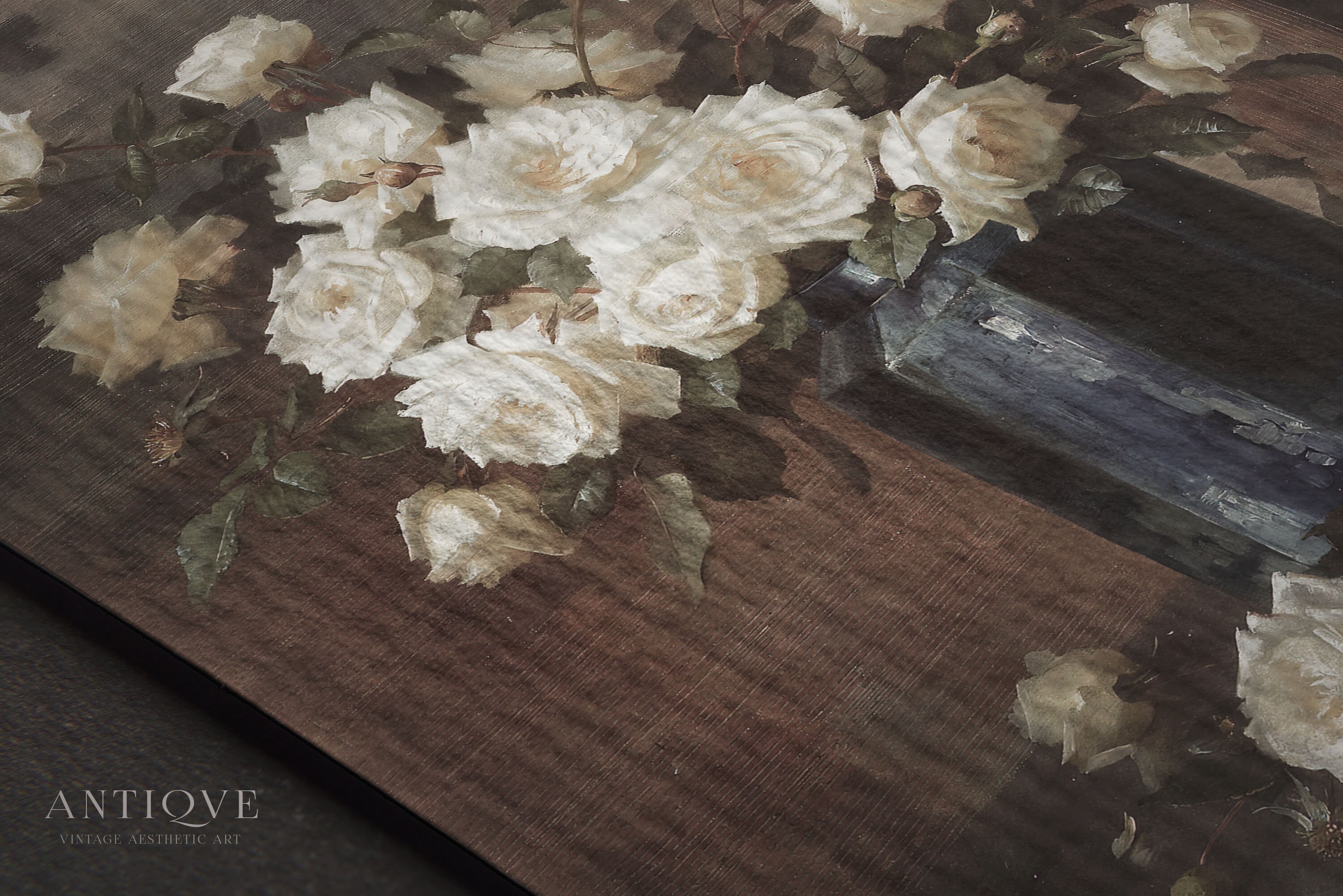 Moody Vintage Still Life | White Roses in Dark Blue Vase Oil Painting ...