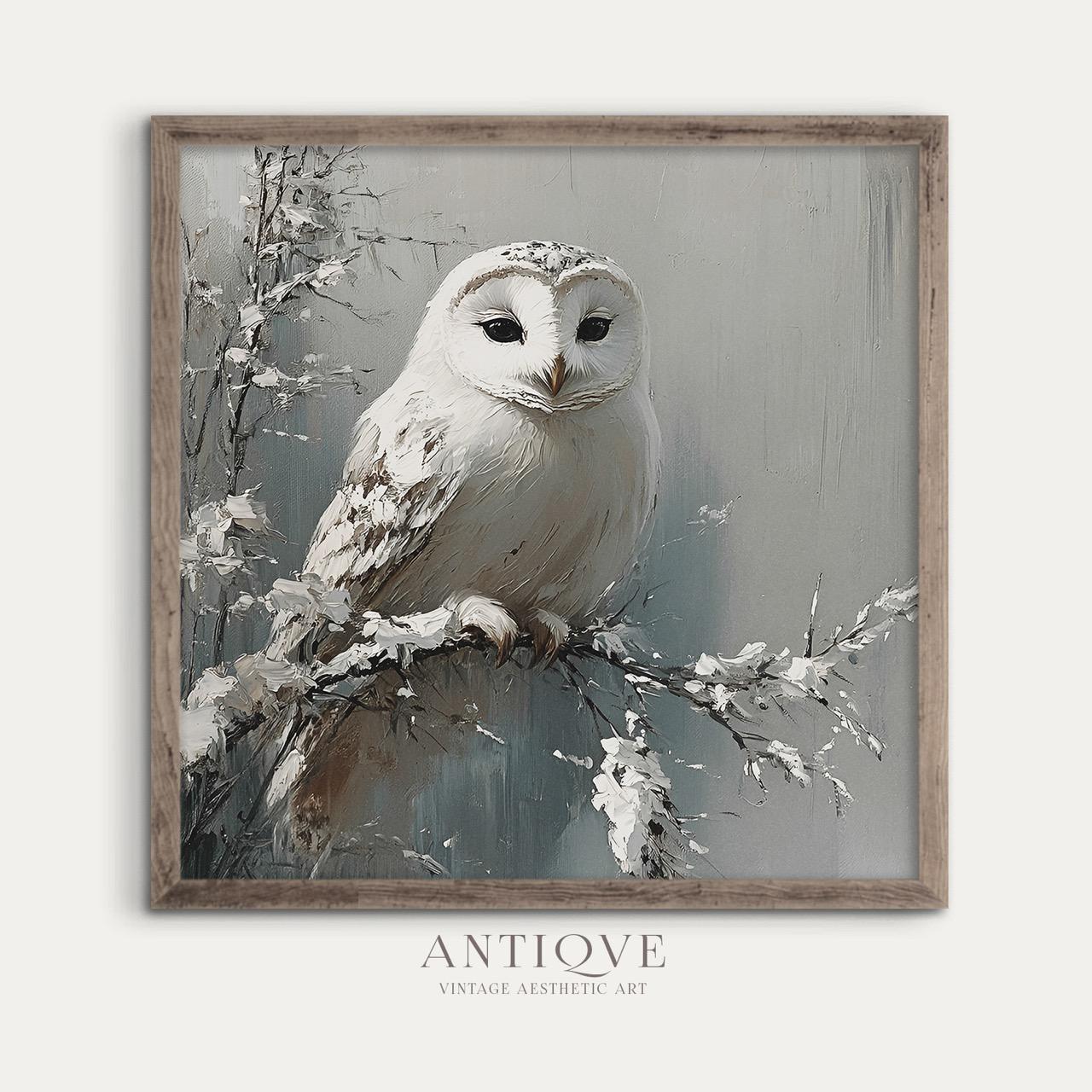 White Owl on Snowy Branch | Square Winter Art | Cozy Rustic Print | Farmhouse | Digital Download | 2