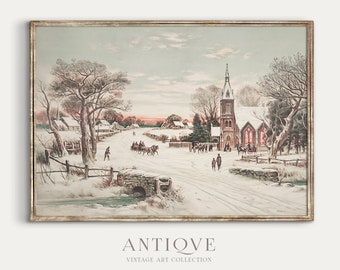 Tableau Village enneigé | Art de paysage d'hiver | Téléchargement imprimable | 344