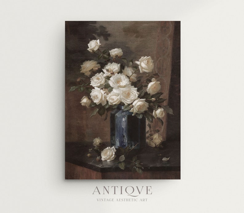 Moody Vintage Still Life | White Roses in Dark Blue Vase Oil Painting ...