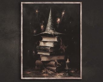 May include: A framed painting of a stack of old books with a witch's hat on top. The books are in various shades of brown and have a worn, antique look. The hat is a dark gray color and has a wide brim. The background is a dark, shadowy color, and there are small, white lights scattered throughout the image. The text "ANTIQVE" and "VINTAGE AESTHETIC ART" is at the bottom of the image.