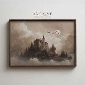 Arte mural de castillo encantado / Impresión de Halloween espeluznante / Decoración rústica de luna y murciélagos / 2867_H