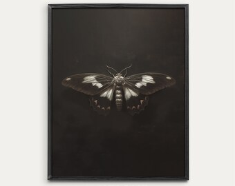 Motte Malerei Druck | Schwarzes Insekten Poster | Dark Academia Wandkunst | Druckbare Download | 945