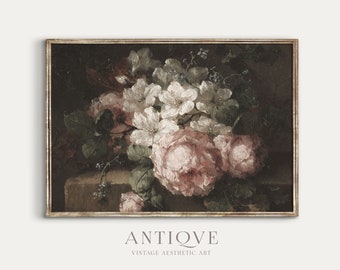 May include: A vintage oil painting of a bouquet of pink and white flowers in a dark brown frame. The flowers are arranged in a vase and are surrounded by green leaves.
