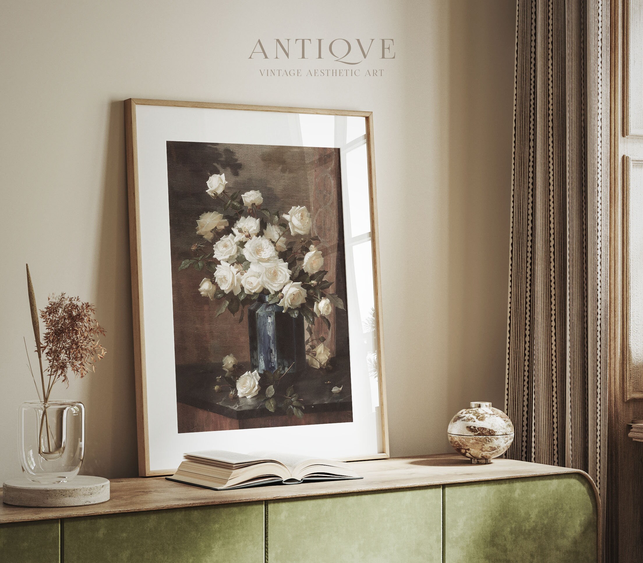 Moody Vintage Still Life | White Roses in Dark Blue Vase Oil Painting ...