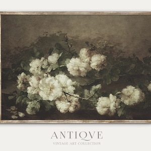 May include: A vintage painting of white roses in a dark green frame. The roses are arranged in a cluster, with some of the petals falling off. The background is a dark brown color, with a hint of green.
