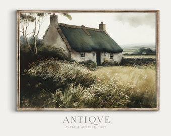 Irish Thatched Cottage Watercolor Painting | Field with Flowers | Ireland Home Decor | Irish Printable Landscape | Digital Download | 684