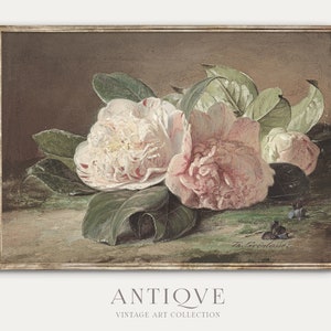 May include: A vintage painting of a bouquet of pink and white camellias with green leaves. The painting is framed in a gold frame and signed "Th. Groenland" in the bottom right corner.