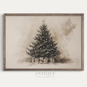 Neutral Christmas Tree with Gifts Sketch | Monochrome Holiday Decor | Rustic Christmas Art | Digital Download | 2545_H
