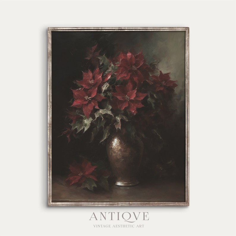 May include: A vintage painting of a bouquet of red poinsettia flowers in a gold vase. The painting is framed in a dark wood frame.