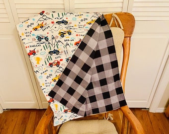 Racing Cars and Plaid| Handmade Baby Blanket | Reversible Two in One | Snuggly Flannel Cotton